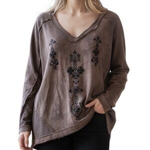 FREE‎ PEOPLE Brown Embroidered V-Neck Boho Top Raw Edge Long Sleeve XS